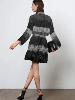 Religion Black Tie Dye Tunic Shirt Dress With Kimono Sleeves in Bright Floral Print