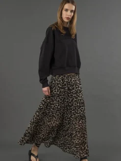 Religion Black Tiered Boho Style Citrine Maxi Skirt In Leopard Animal Print
