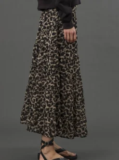 Religion Black Tiered Boho Style Citrine Maxi Skirt In Leopard Animal Print