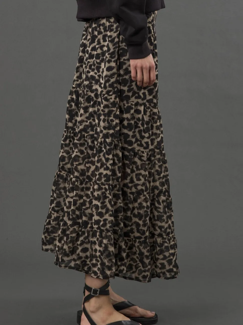 Religion Black Tiered Boho Style Citrine Maxi Skirt In Leopard Animal Print