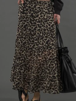 Religion Black Tiered Boho Style Citrine Maxi Skirt In Leopard Animal Print