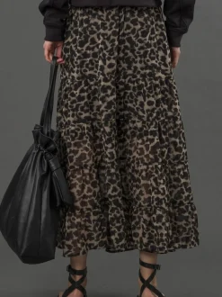 Religion Black Tiered Boho Style Citrine Maxi Skirt In Leopard Animal Print
