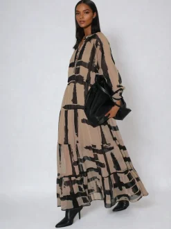 Religion Brown Loose Zoe Maxi Dress In Bold Selvage Black Stripe On Caramel