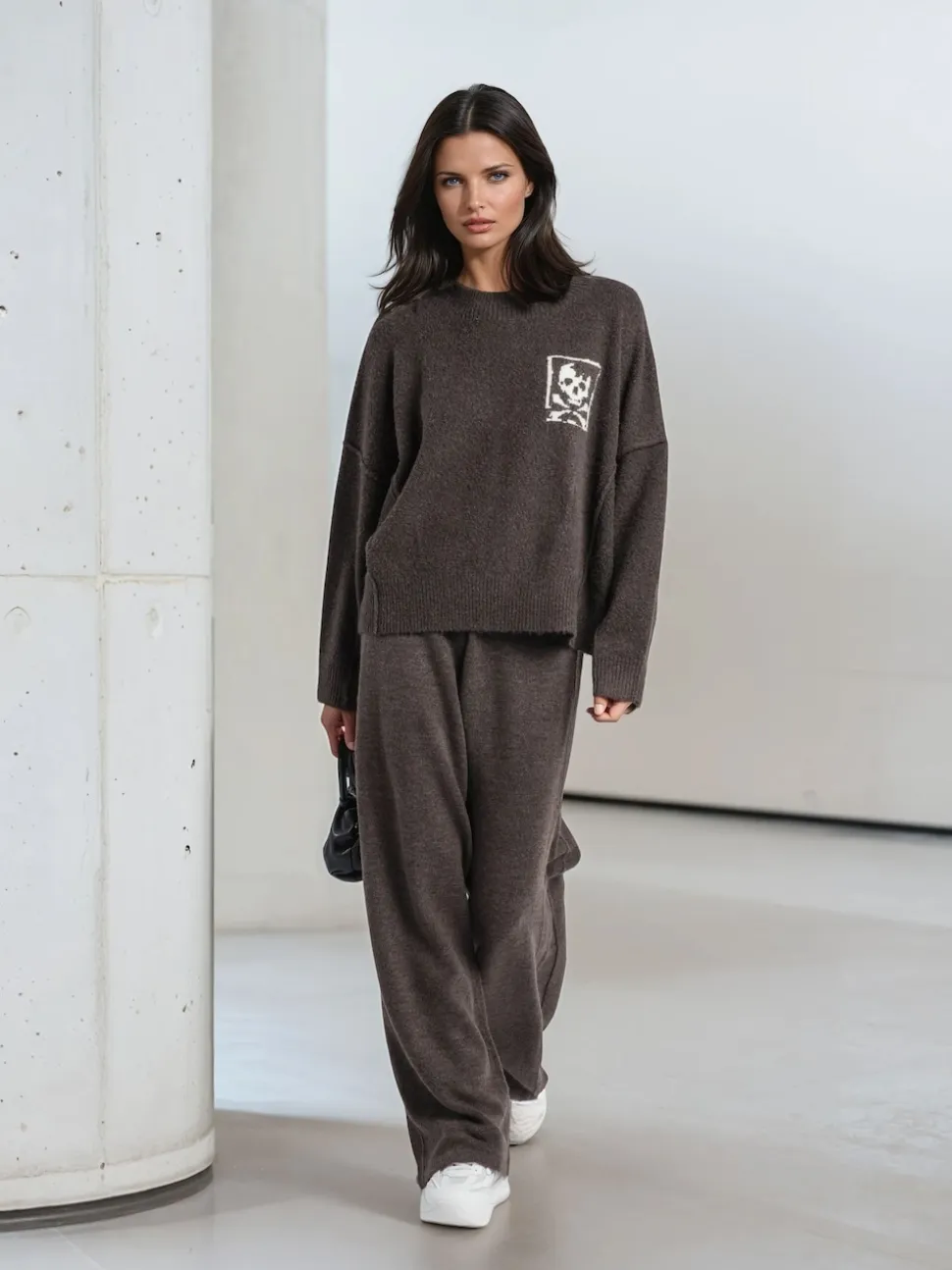 Religion Brown Luscious Knitted Quiet Luxury Joggers with Skull & Crossbone Jacquard