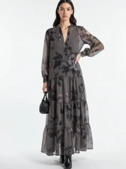 Religion Grey Stephanie Maxi Boho Tiered Dress In Taupe Floral Print
