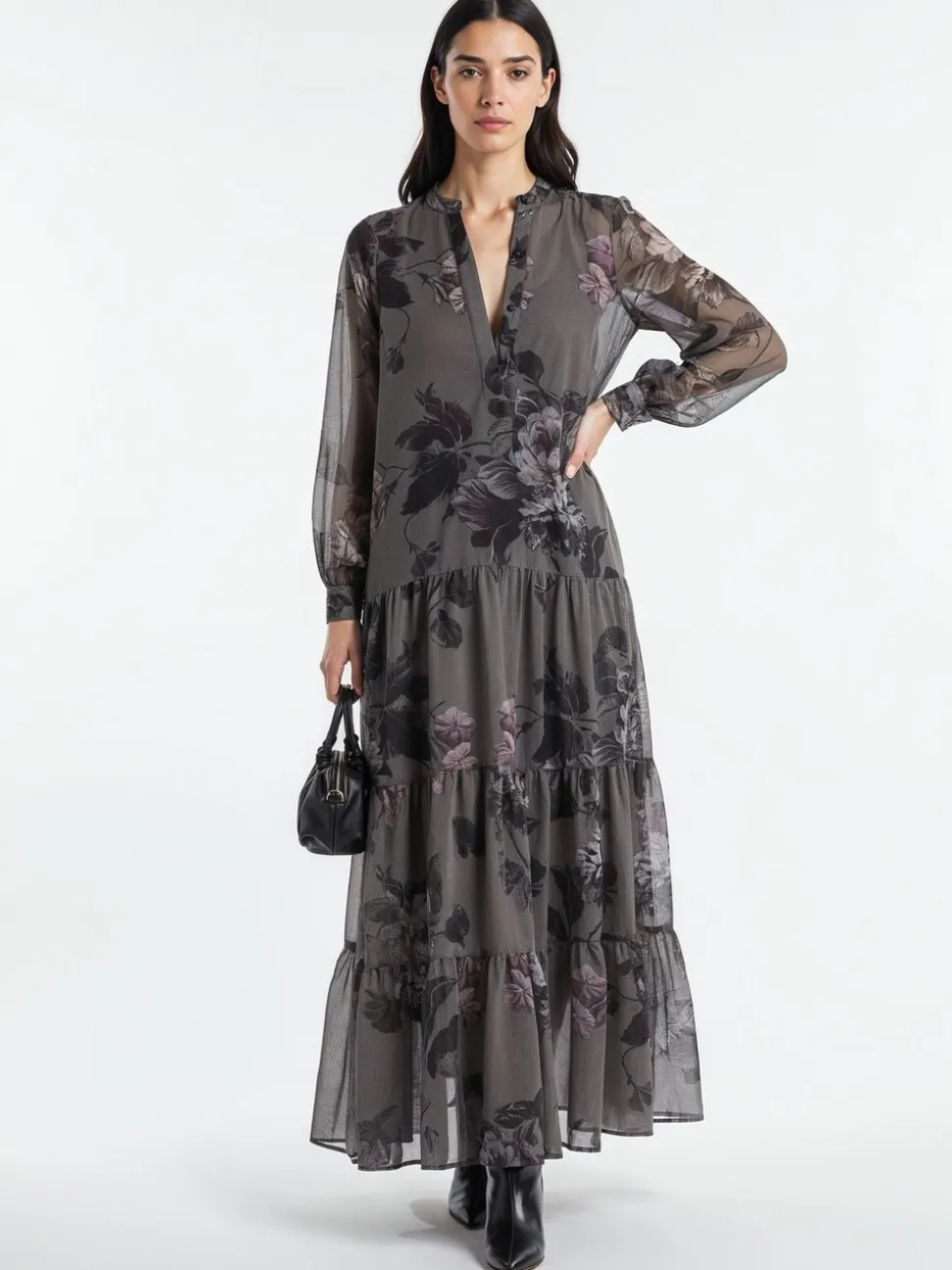 Religion Grey Stephanie Maxi Boho Tiered Dress In Taupe Floral Print