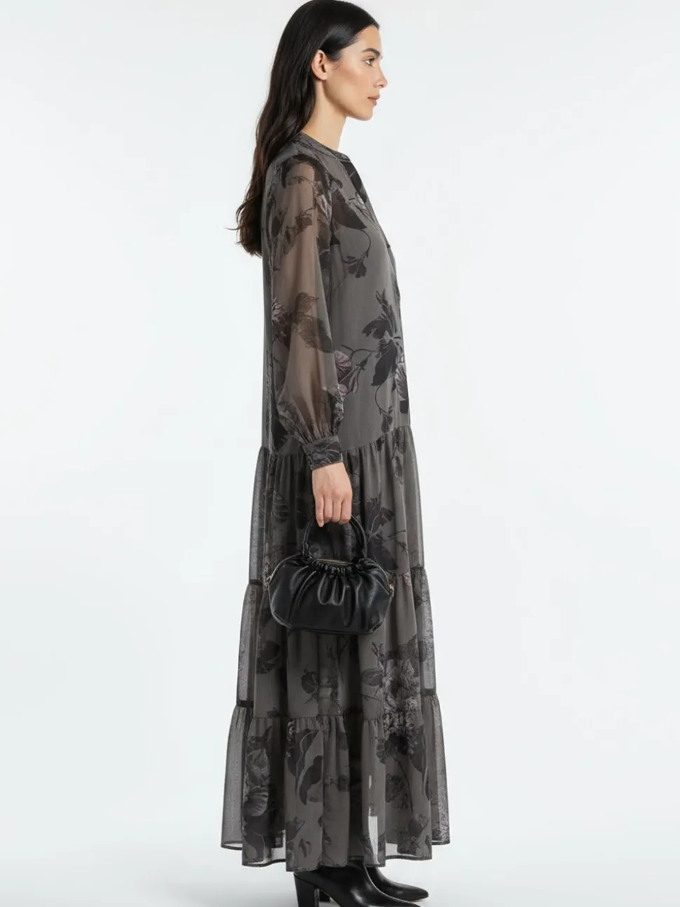Religion Grey Stephanie Maxi Boho Tiered Dress In Taupe Floral Print