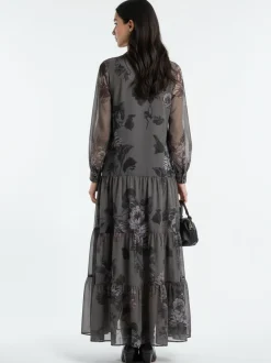 Religion Grey Stephanie Maxi Boho Tiered Dress In Taupe Floral Print