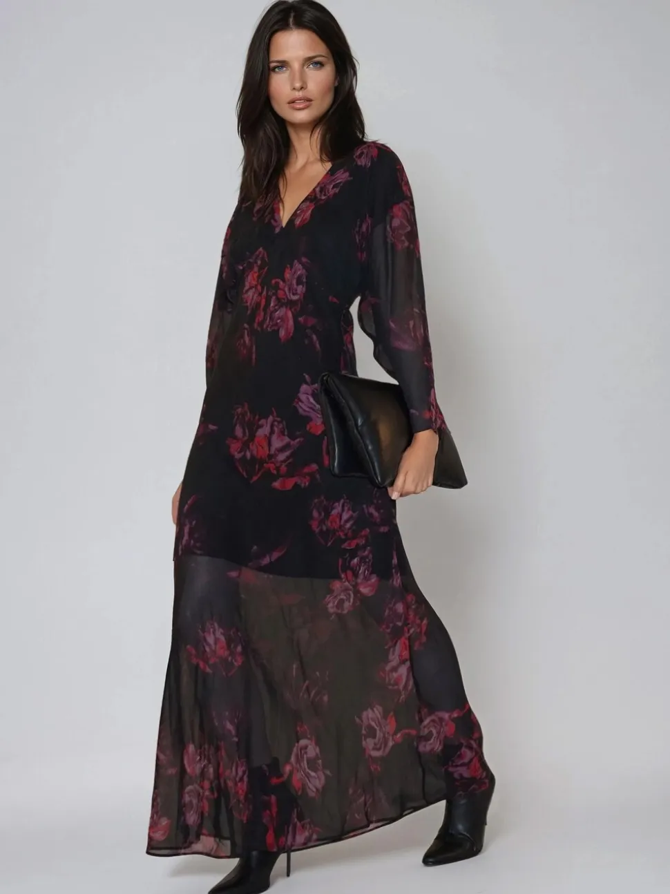 Religion Red Lily Column Bias Cut Maxi Dress In Dark Floral Fade Print