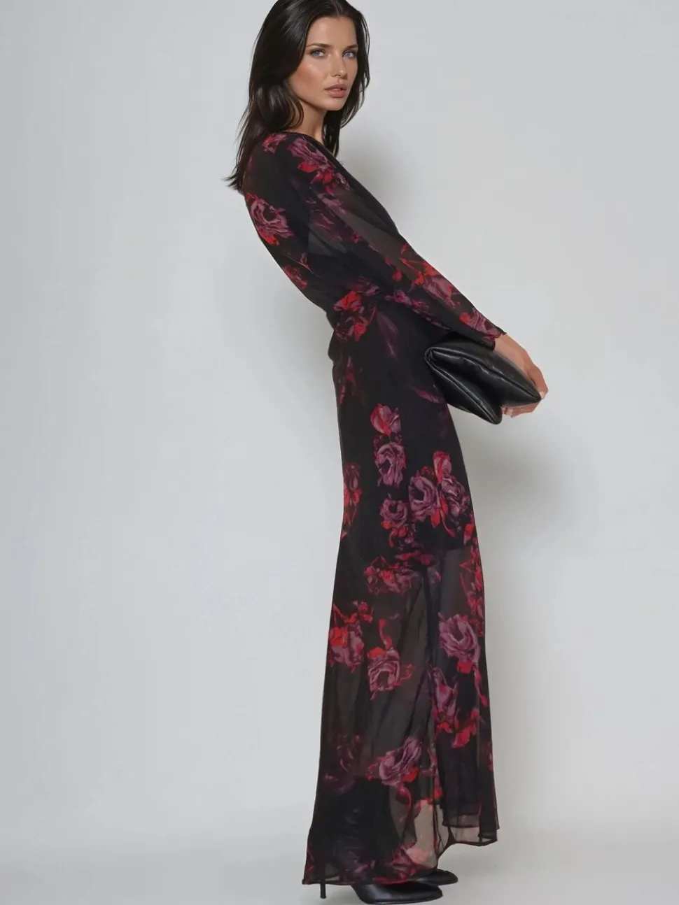 Religion Red Lily Column Bias Cut Maxi Dress In Dark Floral Fade Print