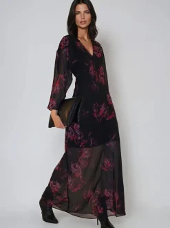 Religion Red Lily Column Bias Cut Maxi Dress In Dark Floral Fade Print