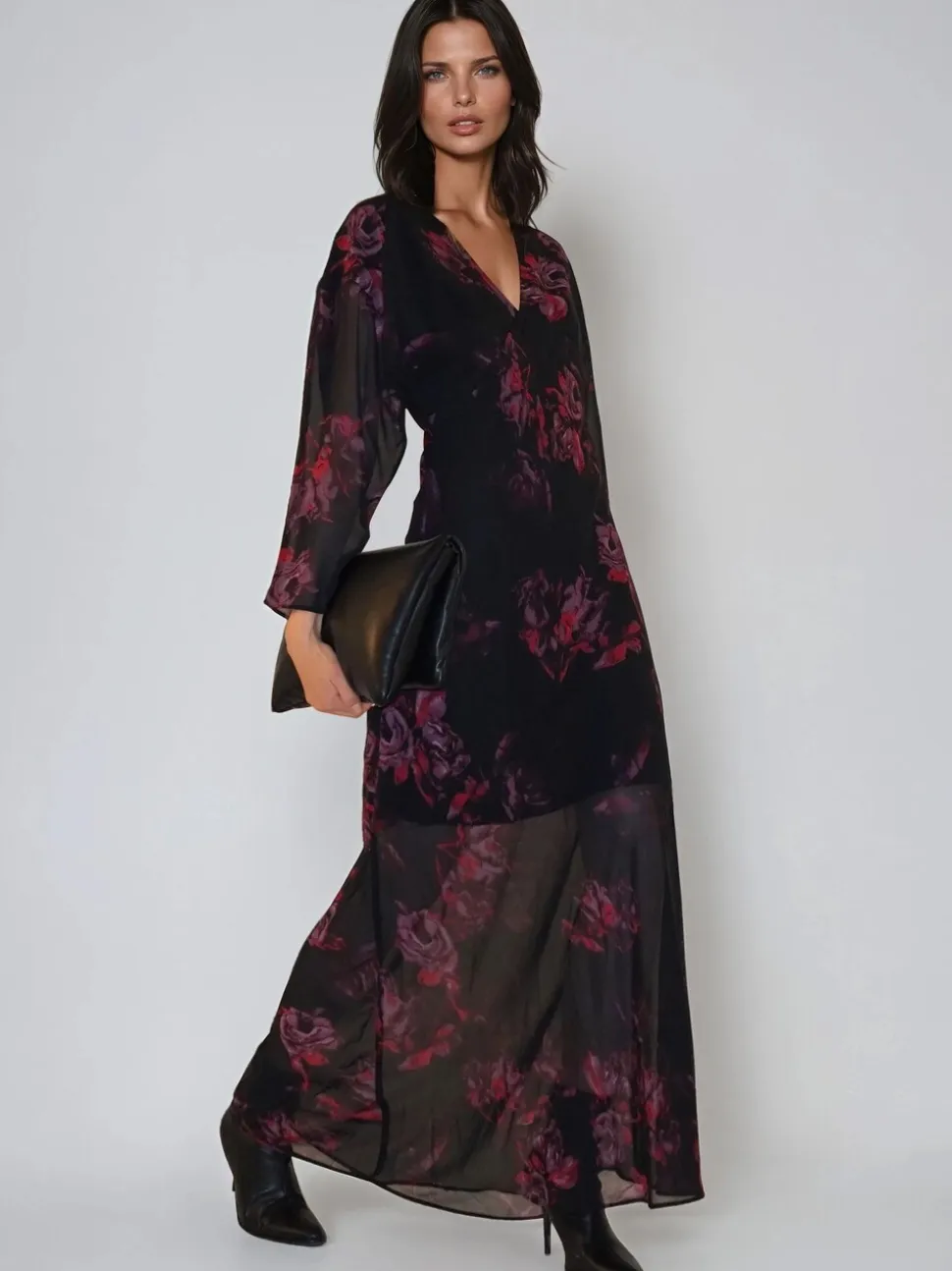 Religion Red Lily Column Bias Cut Maxi Dress In Dark Floral Fade Print