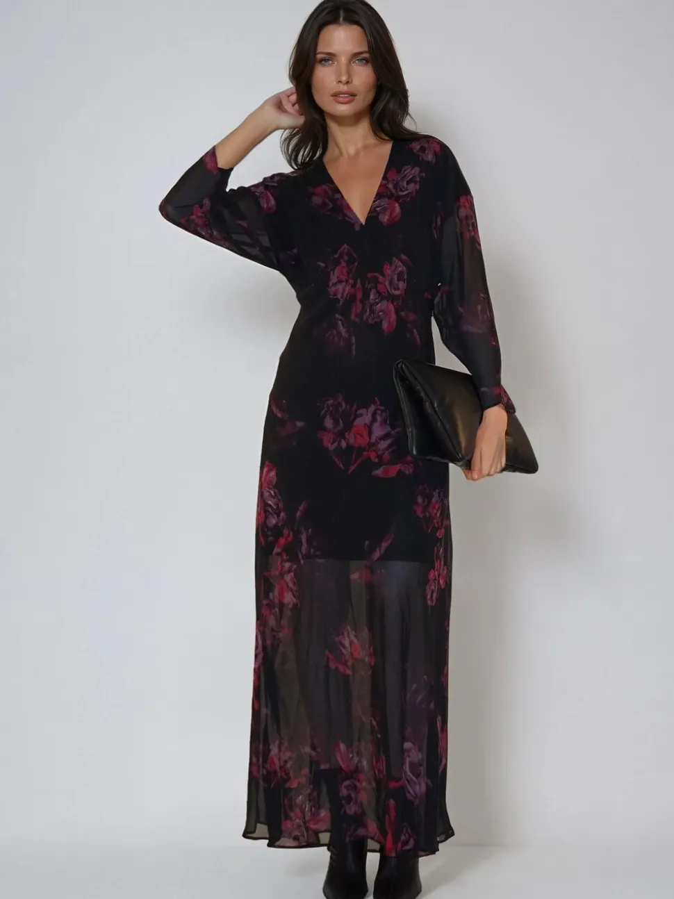 Religion Red Lily Column Bias Cut Maxi Dress In Dark Floral Fade Print