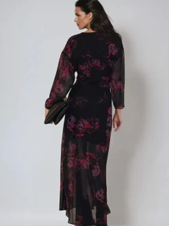 Religion Red Lily Column Bias Cut Maxi Dress In Dark Floral Fade Print