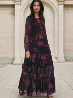 Religion Red Zoe Tiered Maxi Boho Dress With Tiered Skirt In Dark Floral