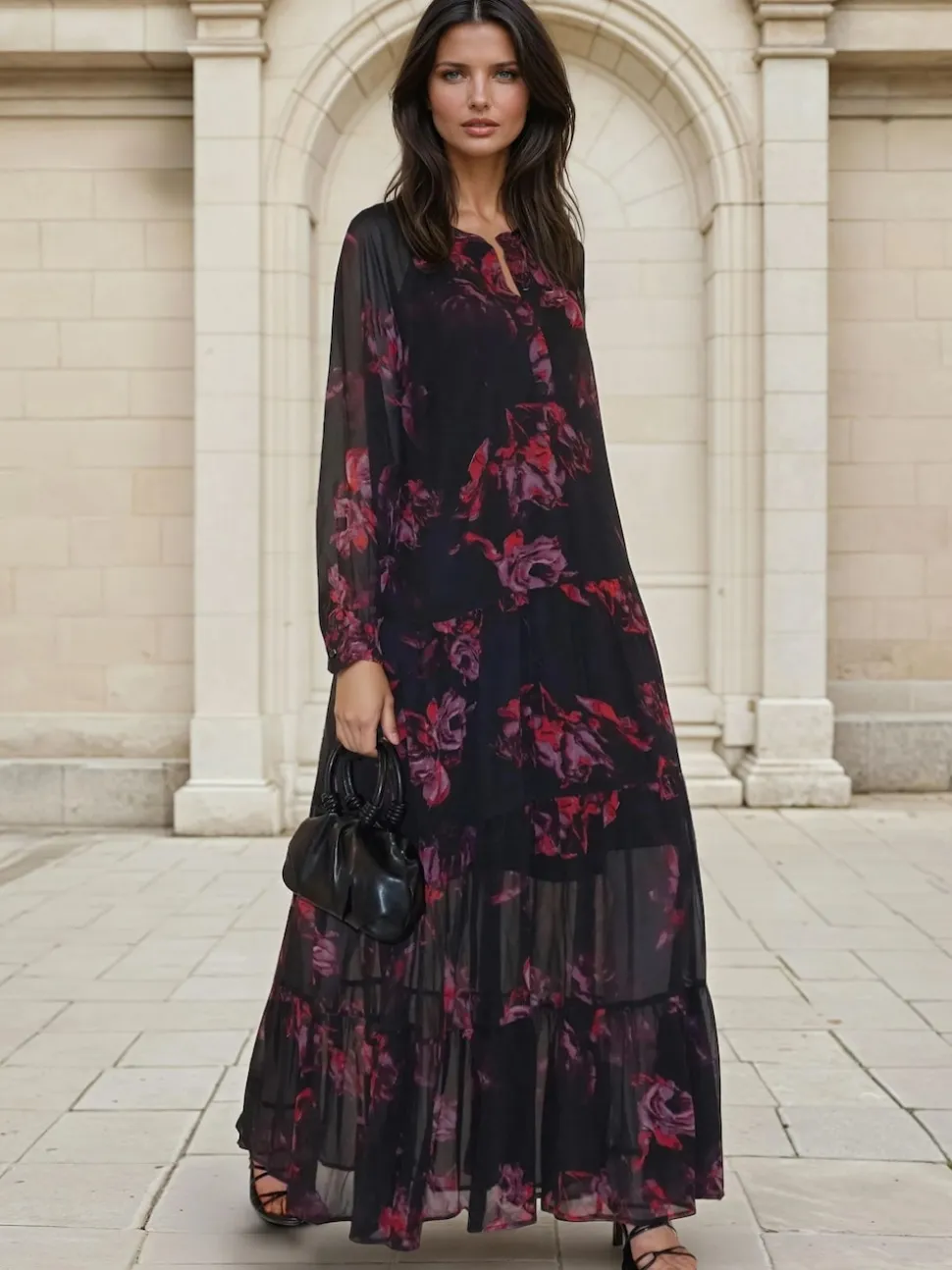 Religion Red Zoe Tiered Maxi Boho Dress With Tiered Skirt In Dark Floral