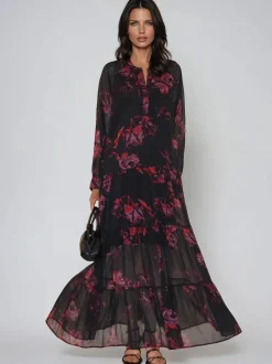 Religion Red Zoe Tiered Maxi Boho Dress With Tiered Skirt In Dark Floral