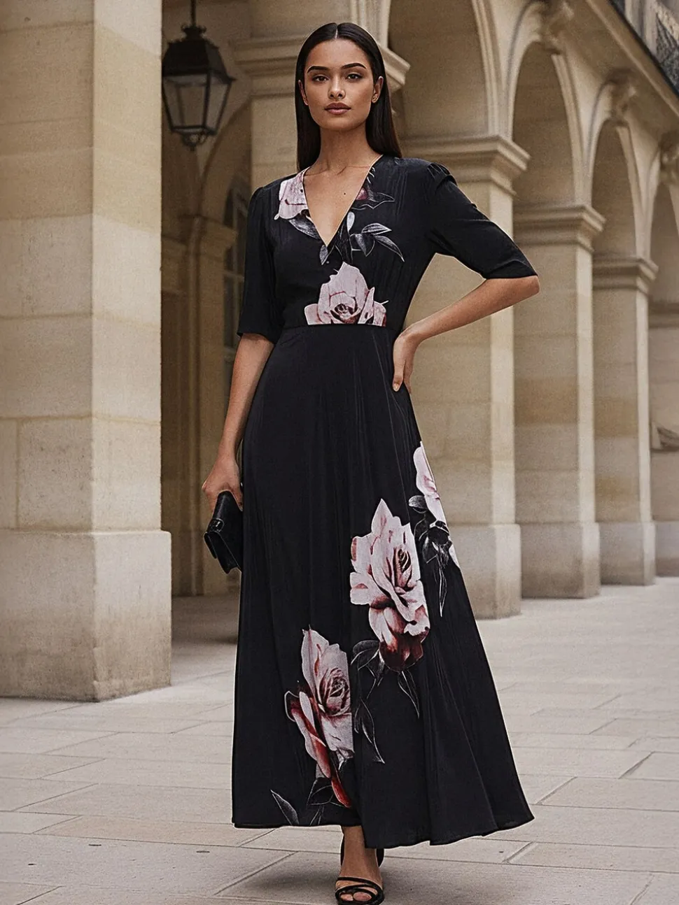 Religion Rose Pink Short Sleeved Diana Maxi Tea Dress With Large Rose Placement Print In Cupro