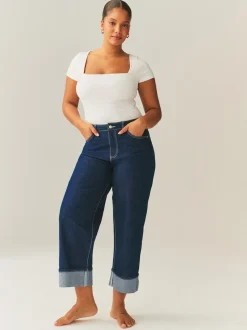 Rinse Blue Boyfriend Hourglass Wide Leg Mid Rise Turn Up Jeans