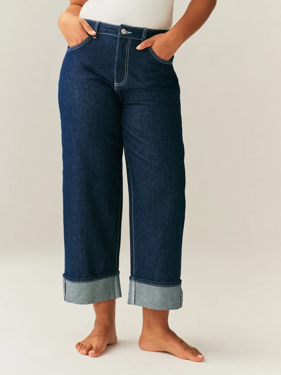 Rinse Blue Boyfriend Hourglass Wide Leg Mid Rise Turn Up Jeans