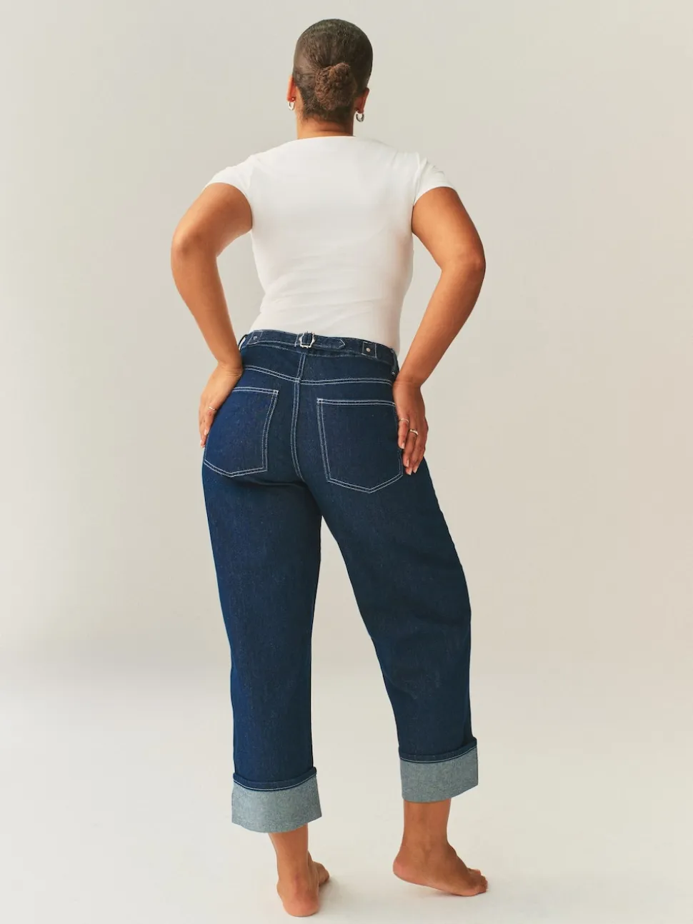 Rinse Blue Boyfriend Hourglass Wide Leg Mid Rise Turn Up Jeans