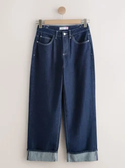 Rinse Blue Boyfriend Hourglass Wide Leg Mid Rise Turn Up Jeans