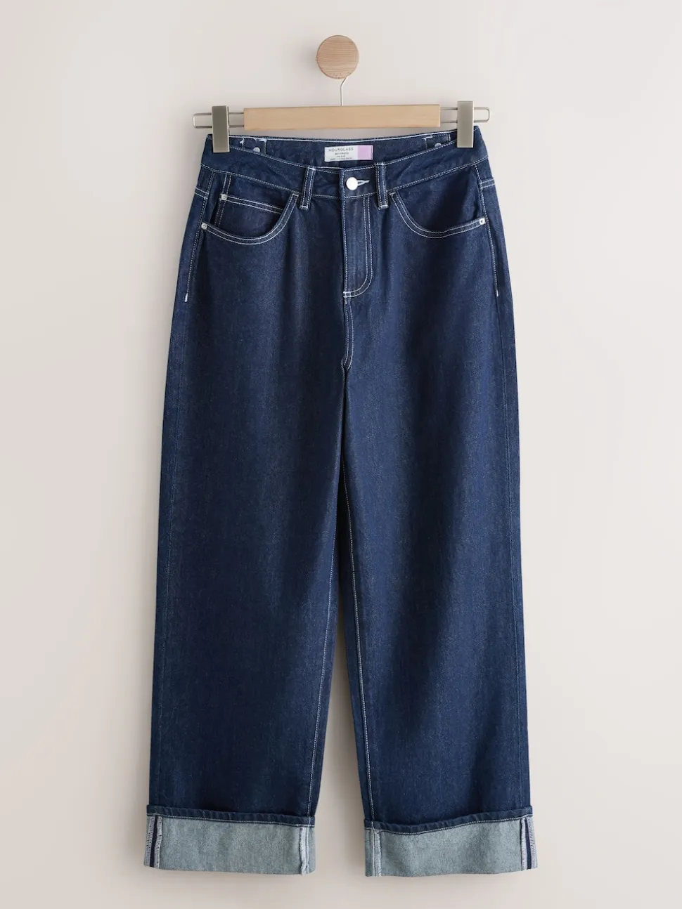Rinse Blue Boyfriend Hourglass Wide Leg Mid Rise Turn Up Jeans