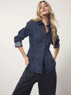 Rinse Blue Cinch Waist Fitted Long Sleeve Denim Shirt
