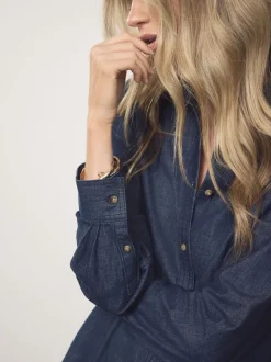 Rinse Blue Cinch Waist Fitted Long Sleeve Denim Shirt