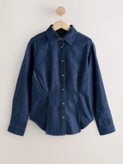 Rinse Blue Cinch Waist Fitted Long Sleeve Denim Shirt
