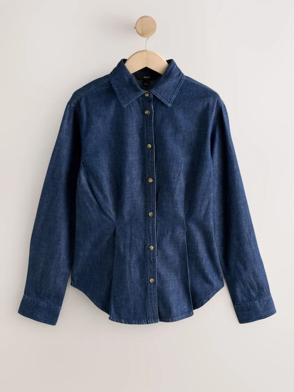 Rinse Blue Cinch Waist Fitted Long Sleeve Denim Shirt