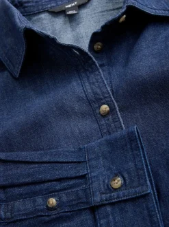 Rinse Blue Cinch Waist Fitted Long Sleeve Denim Shirt