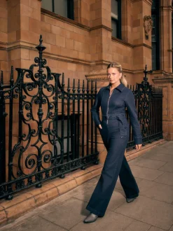 Rinse Blue Denim Belted Wide Leg Jumpsuit