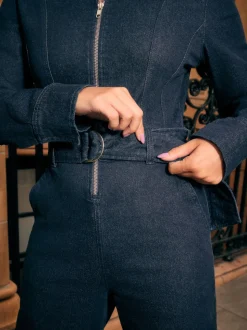 Rinse Blue Denim Belted Wide Leg Jumpsuit