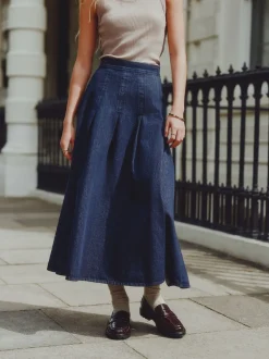 Rinse Blue Denim Full Seamed Midi Skirt
