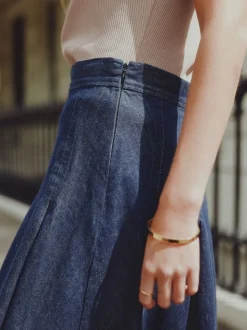Rinse Blue Denim Full Seamed Midi Skirt