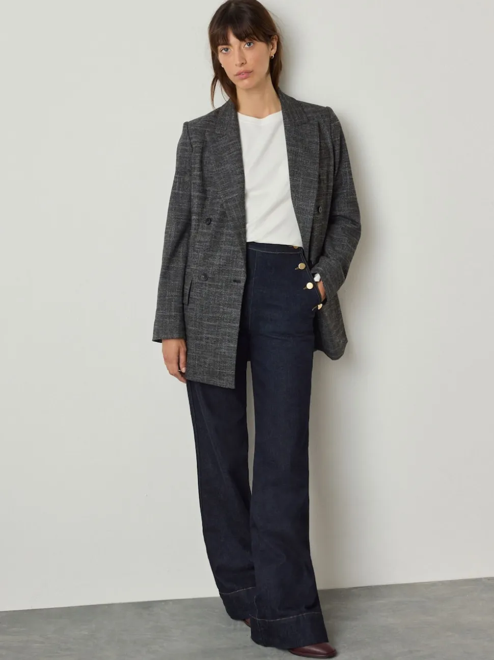 Rinse Blue Gold Button Front Wide Leg Jeans