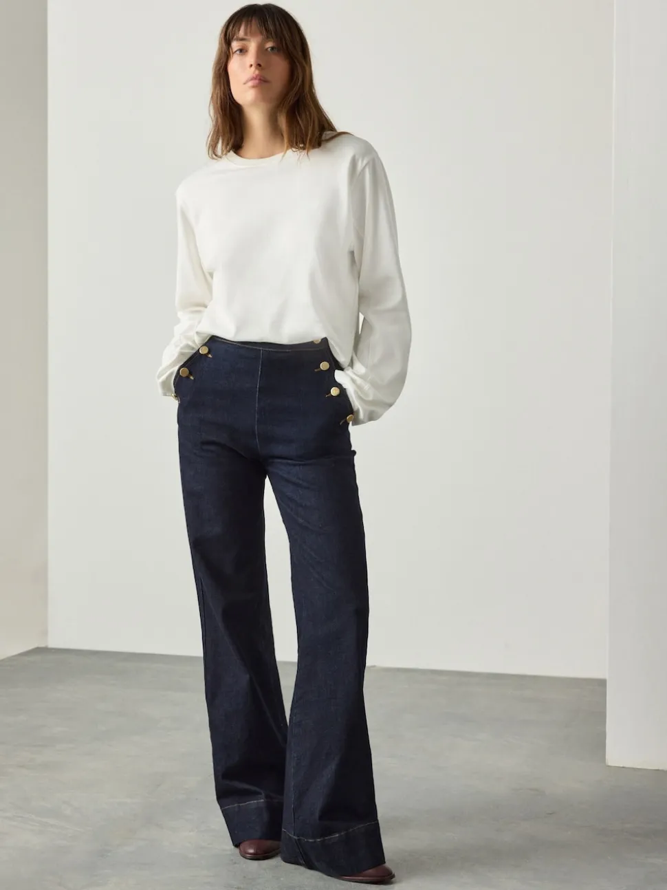 Rinse Blue Gold Button Front Wide Leg Jeans