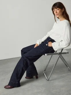 Rinse Blue Gold Button Front Wide Leg Jeans