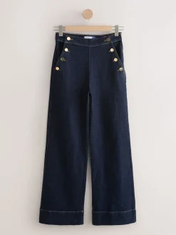 Rinse Blue Gold Button Front Wide Leg Jeans