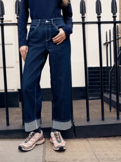Rinse Boyfriend Wide Leg Mid Rise Turn Up Jeans
