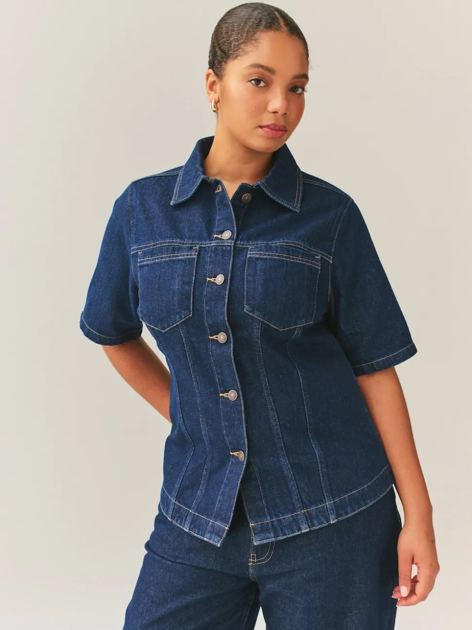 Rinse Denim Fuller Bust Short Sleeve Fitted Top