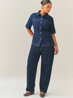 Rinse Denim Fuller Bust Short Sleeve Fitted Top