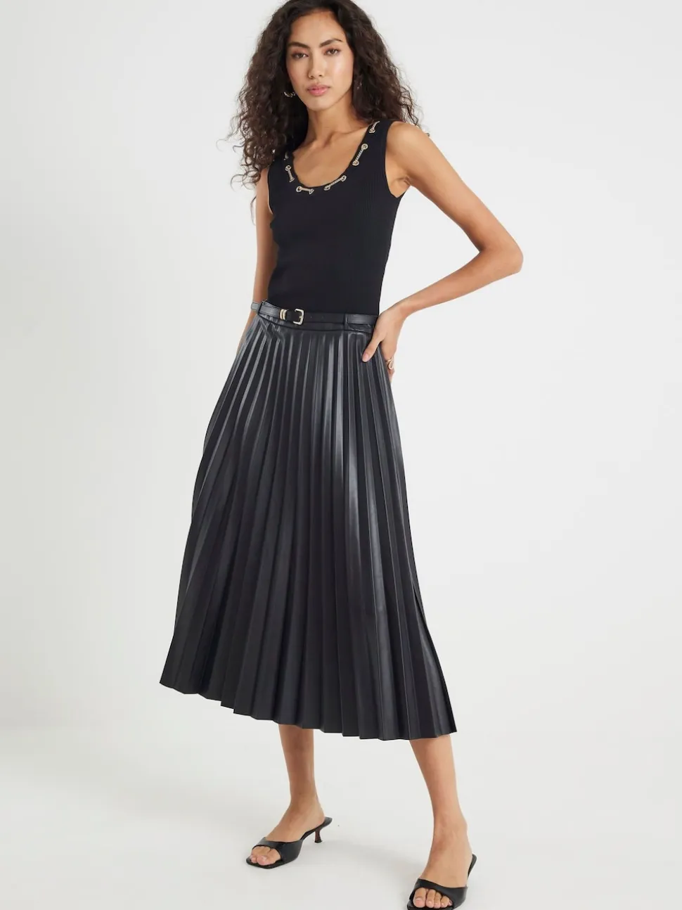 River Island Black Faux Leather Pleated Midi Skirt
