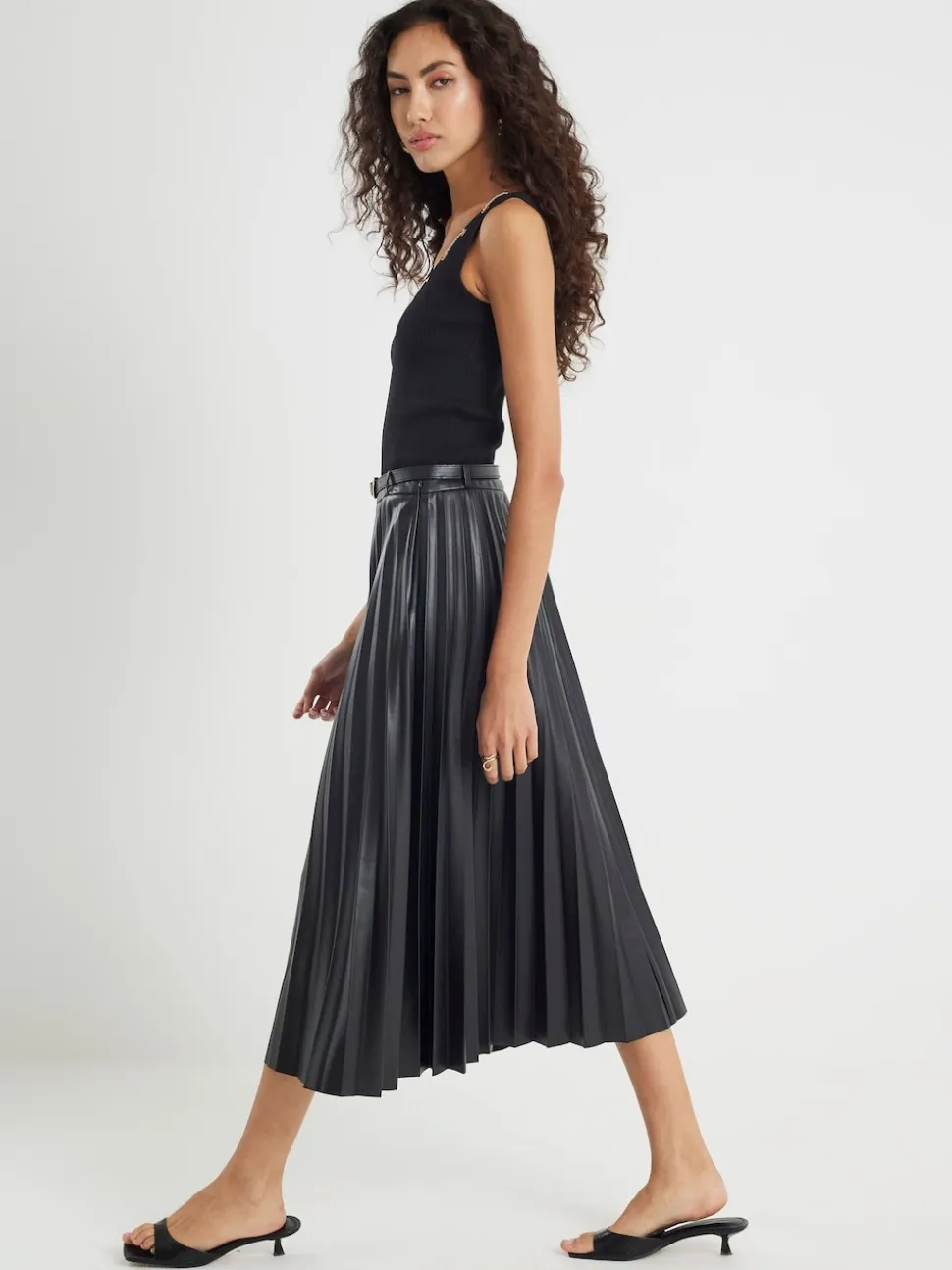 River Island Black Faux Leather Pleated Midi Skirt