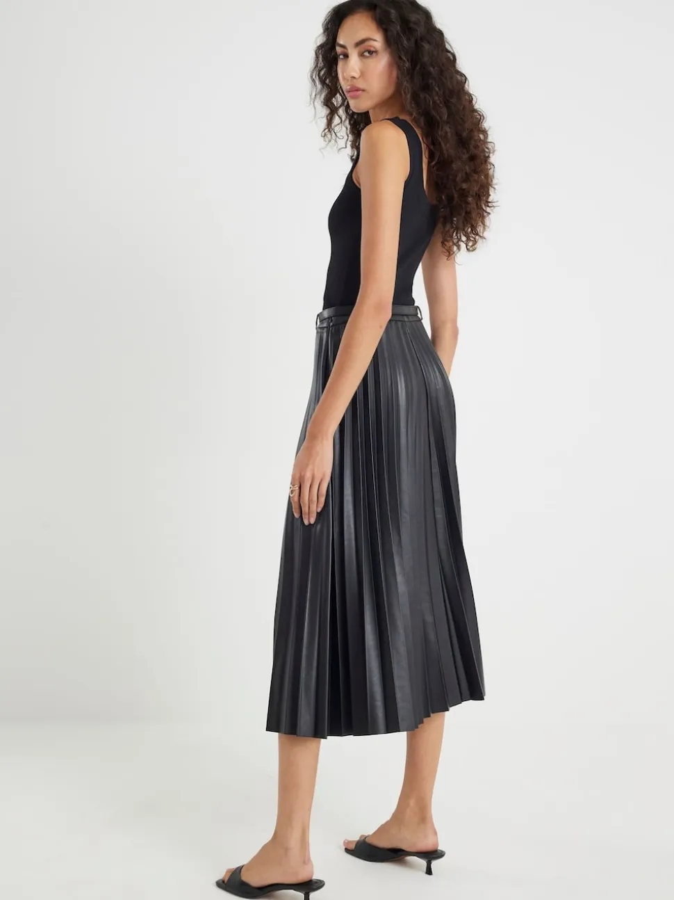 River Island Black Faux Leather Pleated Midi Skirt