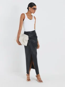 River Island Black Faux Leather Twist Side Midi Skirt