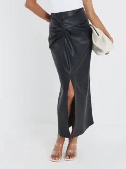 River Island Black Faux Leather Twist Side Midi Skirt