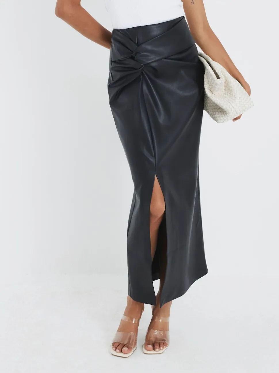 River Island Black Faux Leather Twist Side Midi Skirt