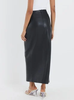 River Island Black Faux Leather Twist Side Midi Skirt
